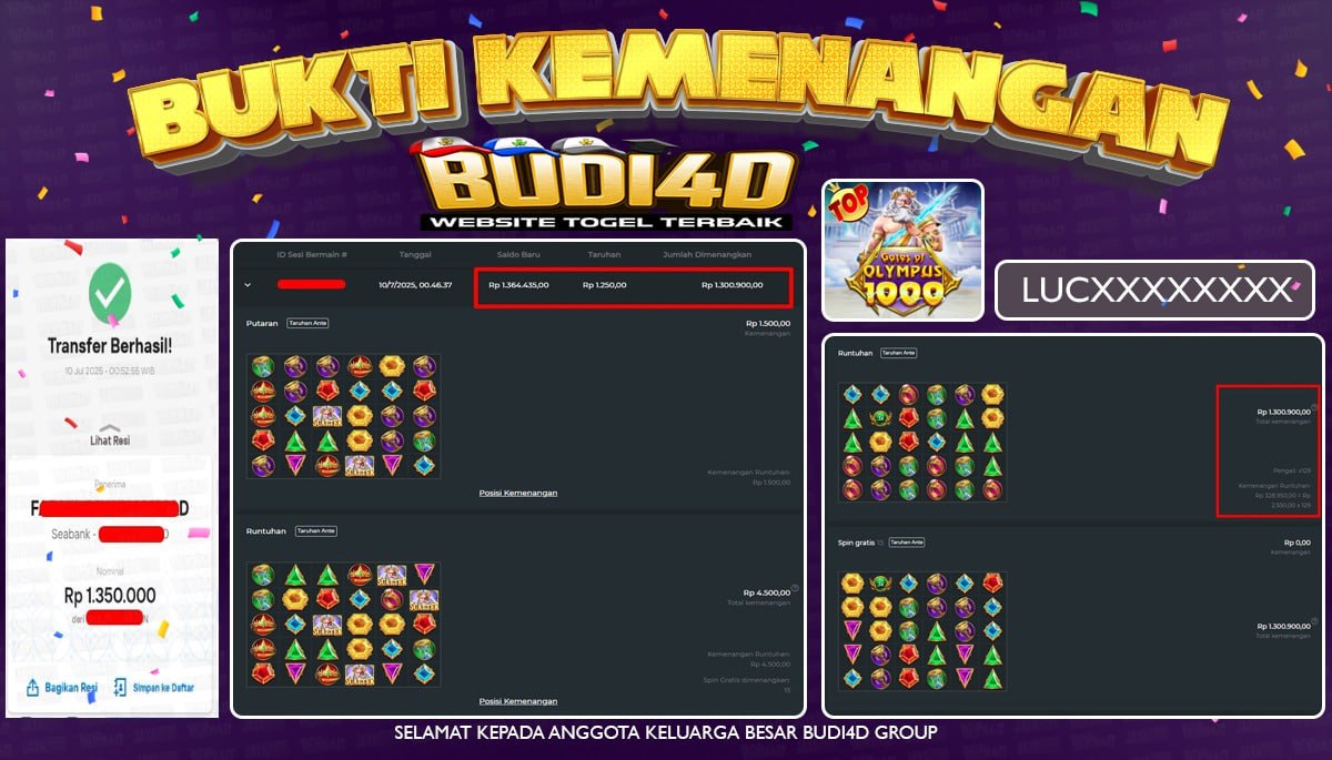 BUDI4D JACKPOT SLOT PRAGMATIC PLAY GATES OF OLYMPUS 1000 Rp.1.350.000,- LUNAS