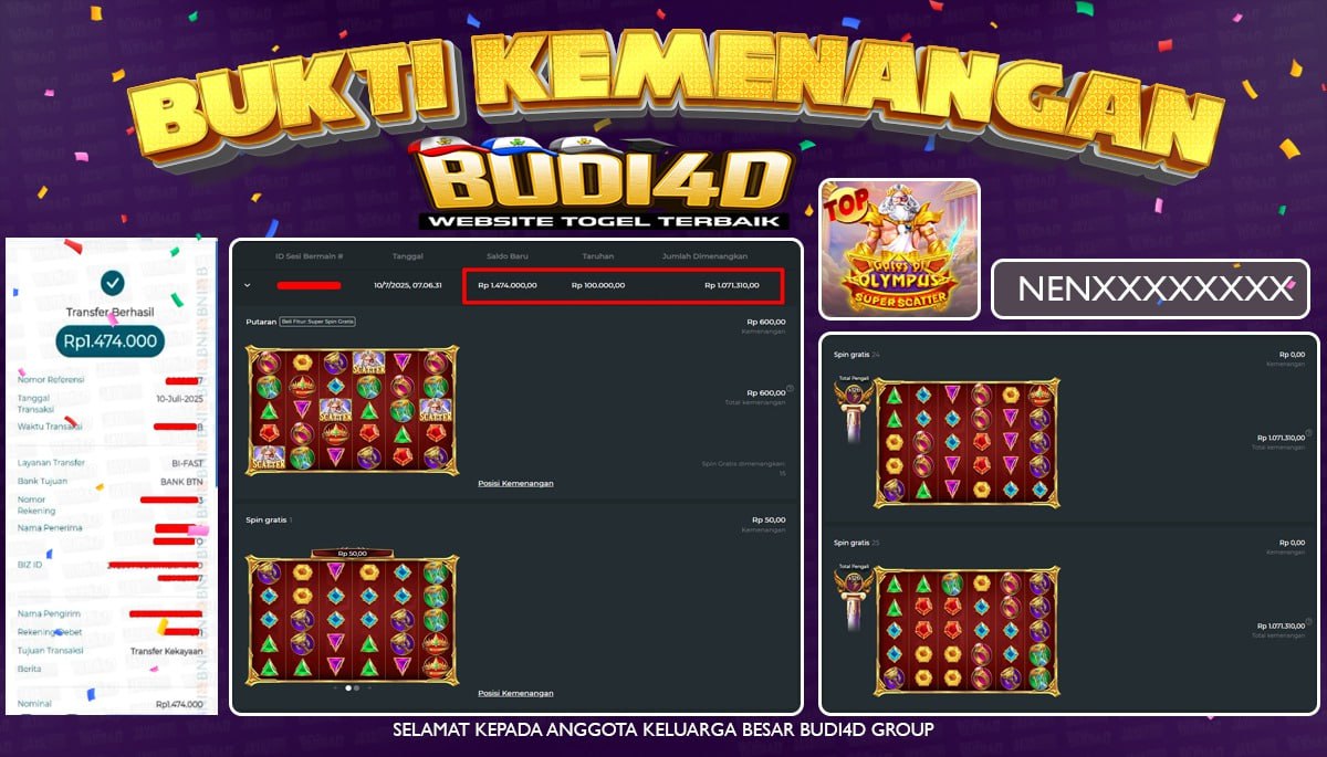 BUDI4D JACKPOT SLOT PRAGMATIC PLAY GATES OF OLYMPUS SUPER SCATTER Rp.1.474.000,- LUNAS