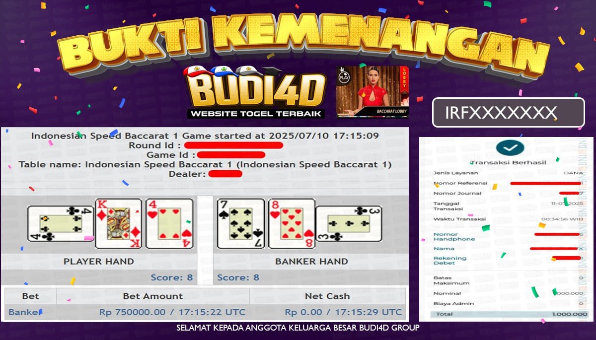 BUDI4D JACKPOT LIVE CASINO BACCARAT Rp.1.000.000,- LUNAS