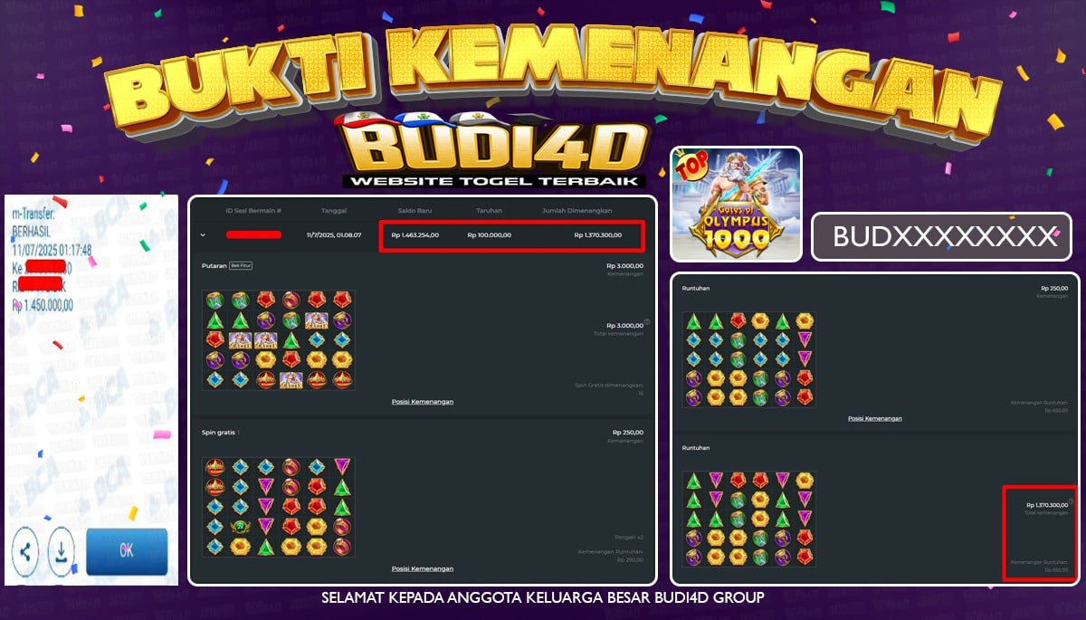 BUDI4D JACKPOT SLOT PRAGMATIC PLAY GATES OF OLYMPUS 1000 Rp.1.450.000,- LUNAS
