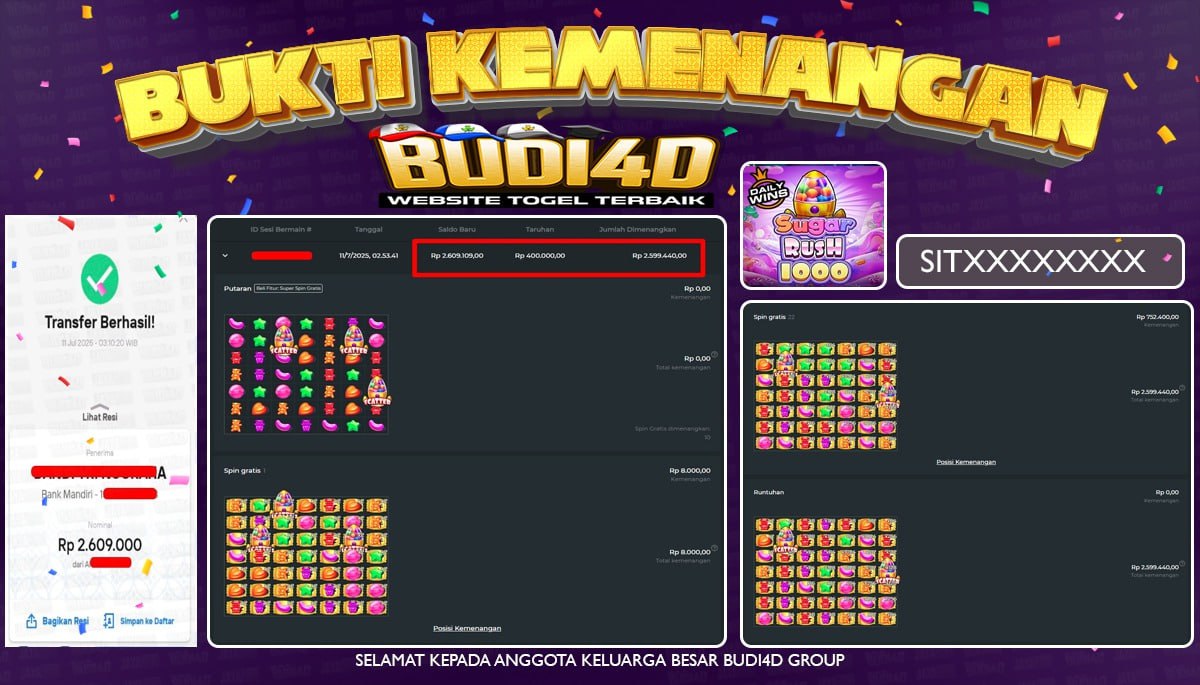 BUDI4D JACKPOT SLOT SUGAR RUSH 1000 Rp.2.609.000,- LUNAS