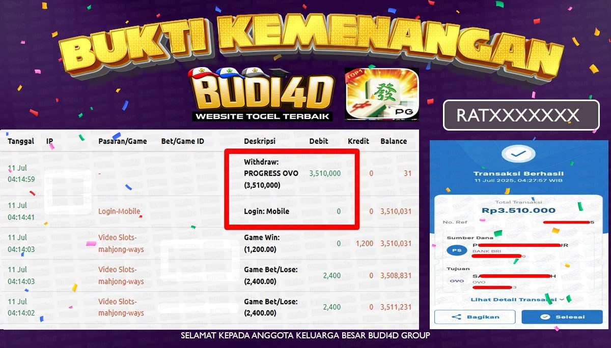 BUDI4D JACKPOT SLOT PGSOFT MAHJONG WAYS Rp.3.510.000,- LUNAS